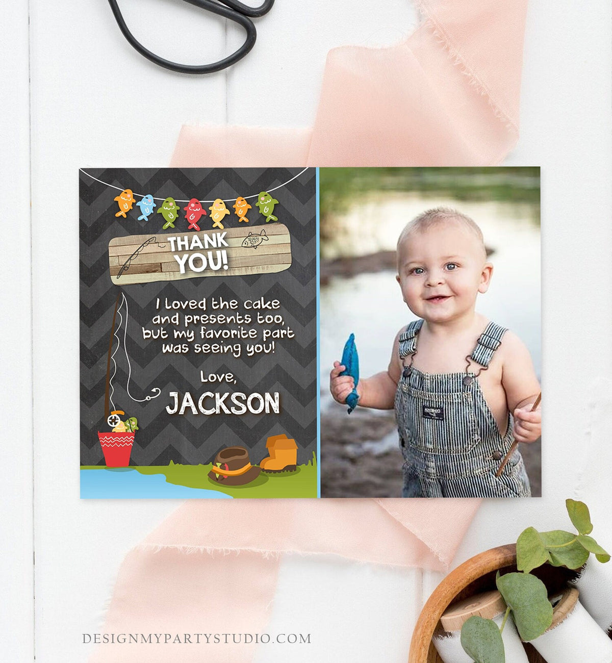 Editable Fishing Thank You Card Boy Birthday o-Fish-Ally Wood 1st First Birthday Gone Fishing Digital Download Template Printable 0080