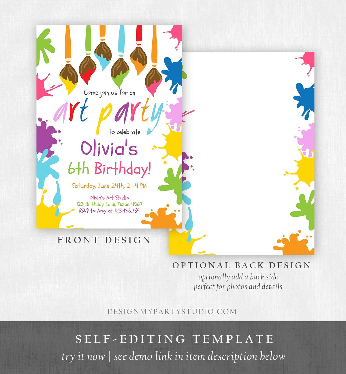 Editable Art Party Birthday Invitation Let&#39;s Paint Painting Art Party Artist Painting Arts in Party Digital Evite Template Printable 0226