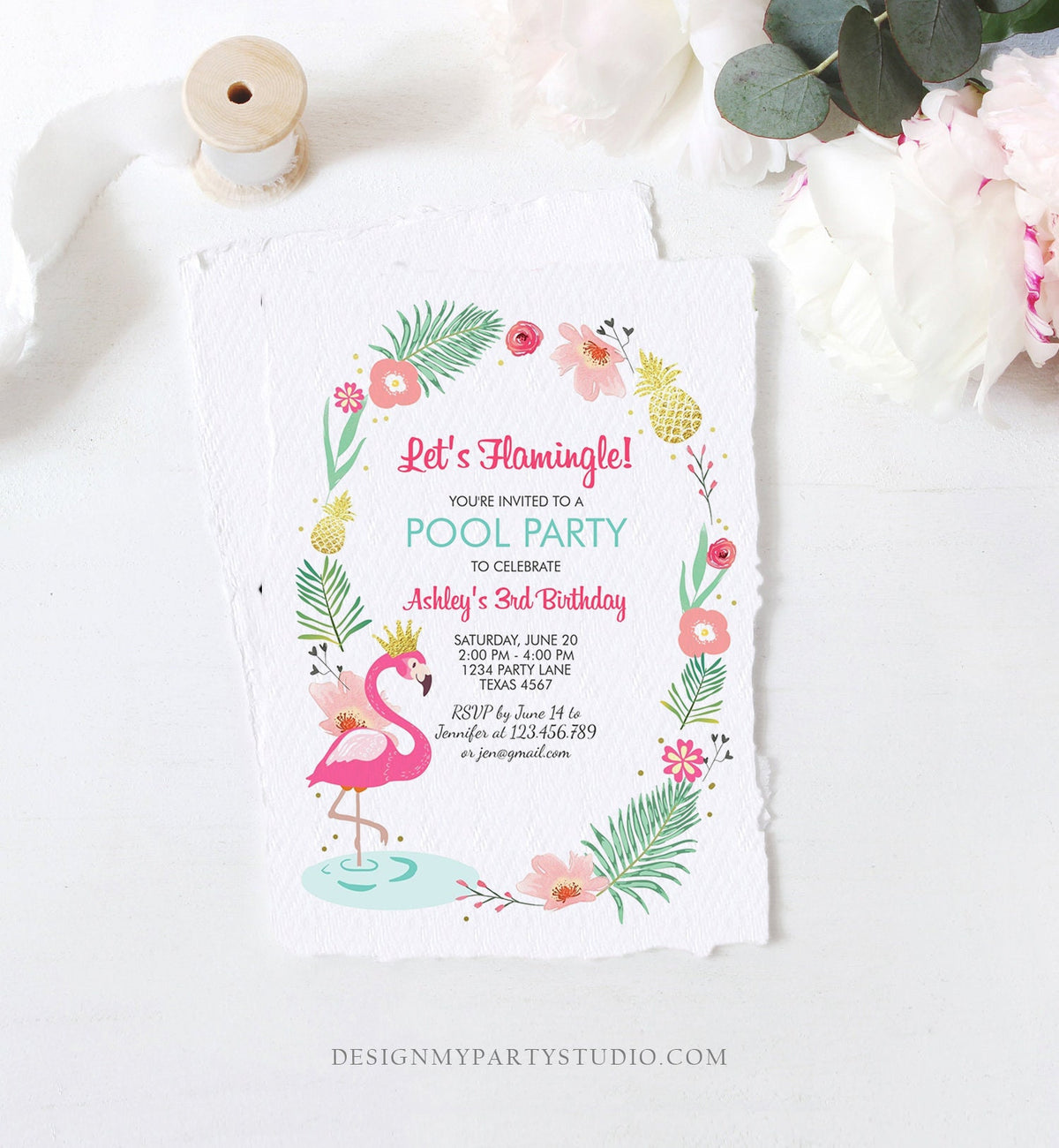 Editable Flamingle Birthday Invitation Girl Tropical Party Flamingo Luau Aloha Pool Party Pink Gold Download Printable Template Corjl 0132