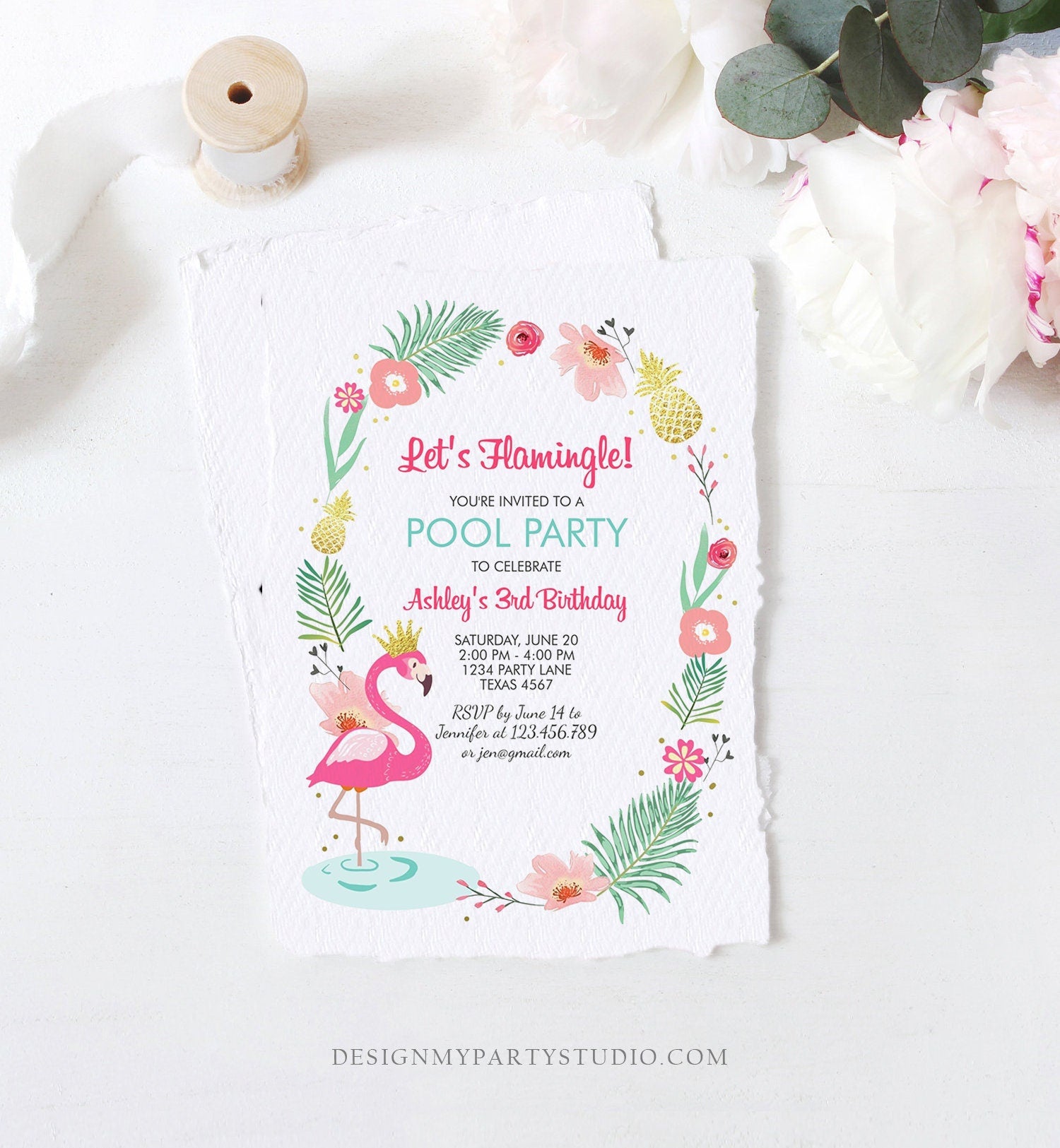 Editable Flamingle Birthday Invitation Girl Tropical Party Flamingo Luau Aloha Pool Party Pink Gold Download Printable Template Corjl 0132