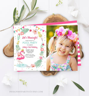 Editable Flamingle Birthday Invitation Girl Tropical Party Flamingo Luau Aloha Pool Party Pink Gold Download Printable Template Corjl 0132