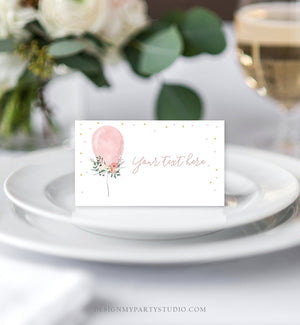Editable Balloon Food Labels Floral Balloon Place Card Tent Card Buffet Card Pink and Gold Birthday Girl Confetti Template Corjl 0221