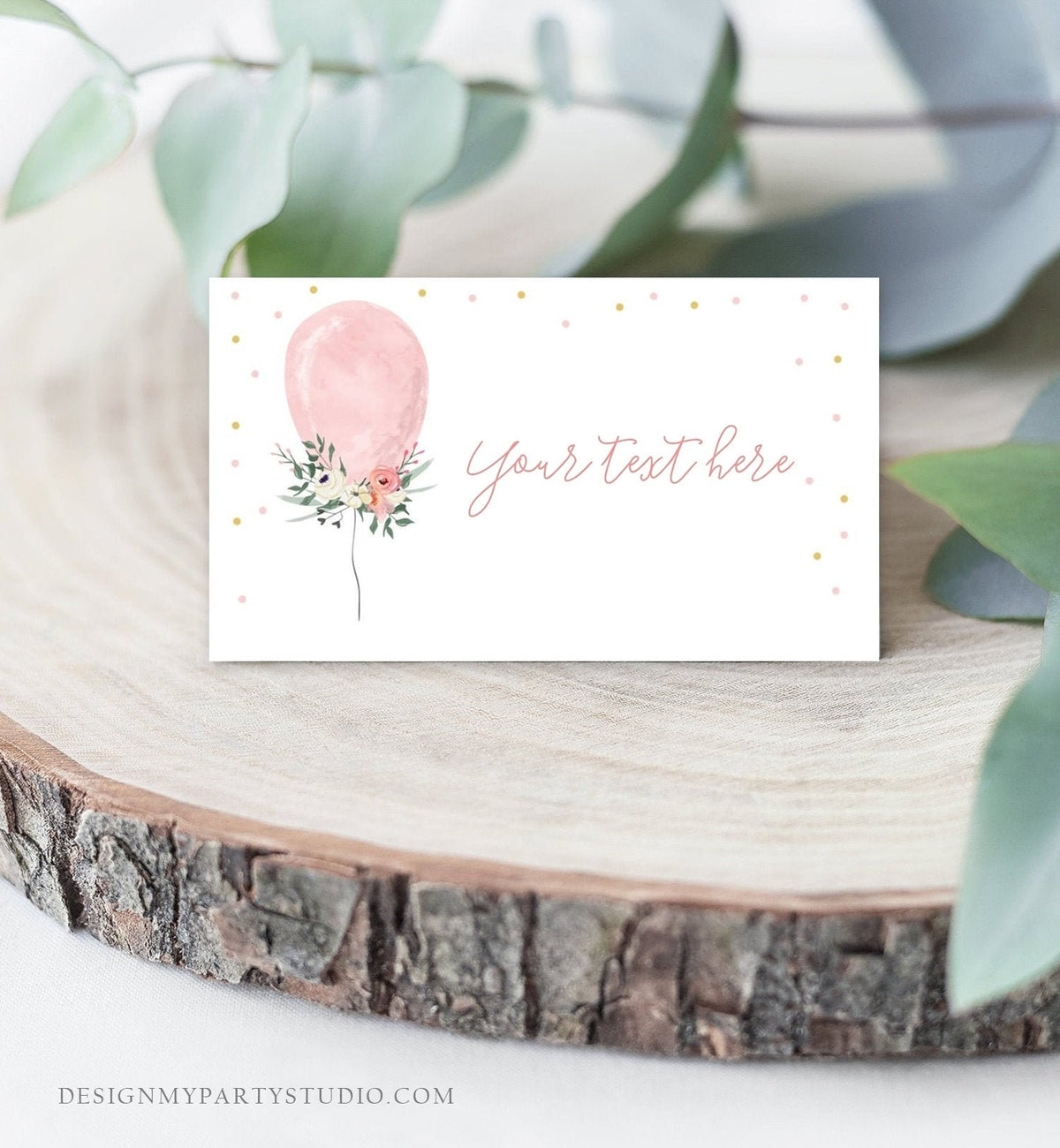 Editable Balloon Food Labels Floral Balloon Place Card Tent Card Buffet Card Pink and Gold Birthday Girl Confetti Template Corjl 0221