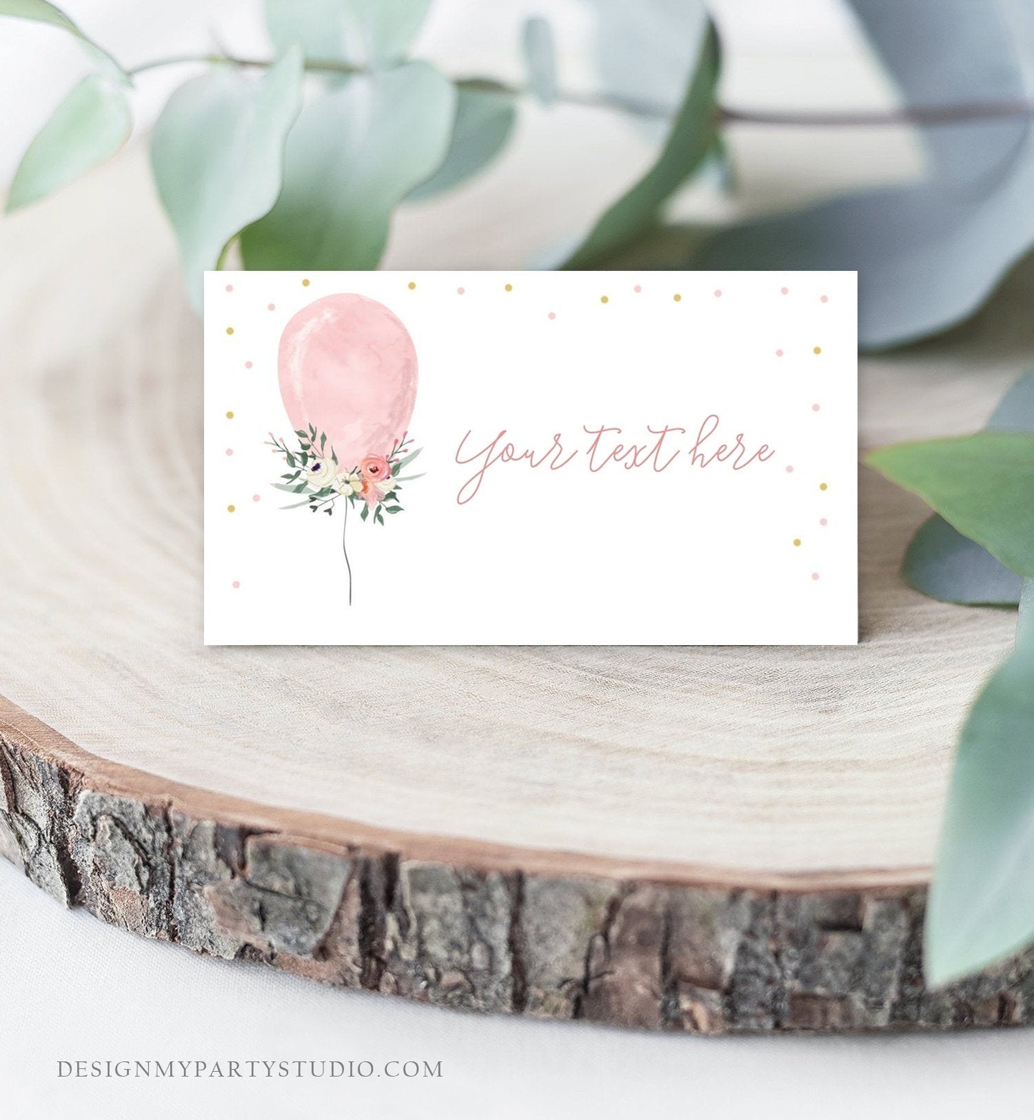 Editable Balloon Food Labels Floral Balloon Place Card Tent Card Buffet Card Pink and Gold Birthday Girl Confetti Template Corjl 0221