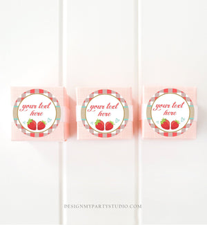 Editable Strawberry Labels Strawberry Birthday Favor Tags Gingham Jam Label Round Jam Stickers Canning Jar Template Corjl PRINTABLE 0091
