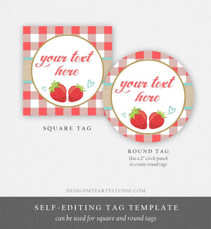 Editable Strawberry Labels Strawberry Birthday Favor Tags Gingham Jam Label Round Jam Stickers Canning Jar Template Corjl PRINTABLE 0091