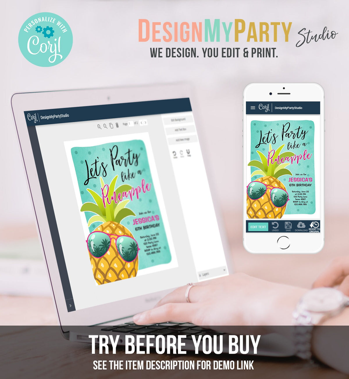 Editable Pineapple Birthday Invitation Lets Party Like a Pineapple Invite Tropical Party Aloha Girl Download Printable Template Corjl 0203