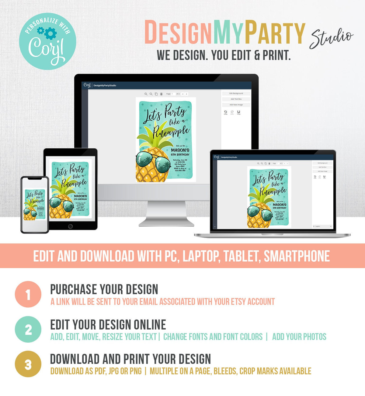 Editable Pineapple Birthday Invitation Lets Party Like a Pineapple Invite Tropical Party Aloha Boy Download Printable Template Corjl 0203