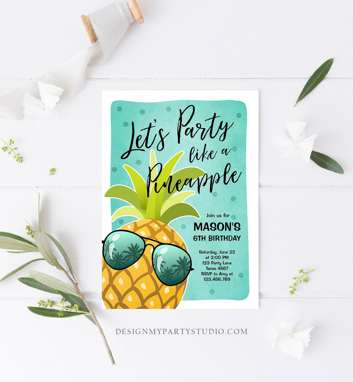 Editable Pineapple Birthday Invitation Lets Party Like a Pineapple Invite Tropical Party Aloha Boy Download Printable Template Corjl 0203