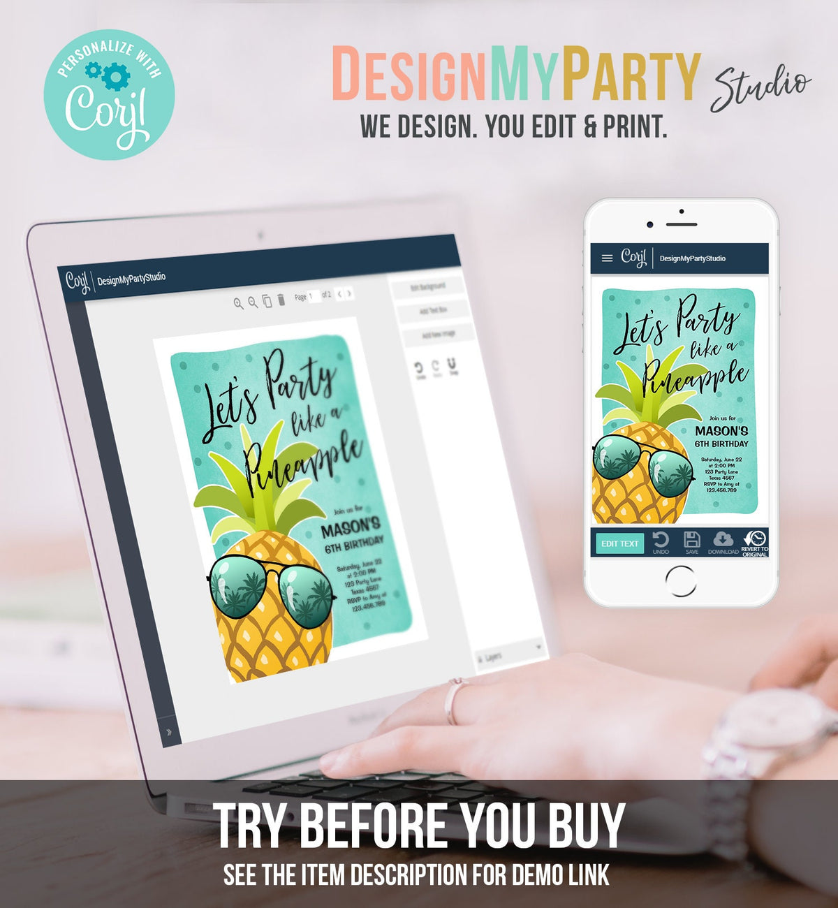 Editable Pineapple Birthday Invitation Lets Party Like a Pineapple Invite Tropical Party Aloha Boy Download Printable Template Corjl 0203