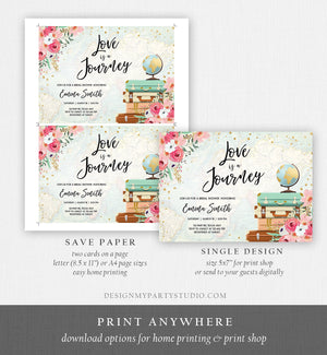 Editable Love is a Journey Bridal Shower Invitation Travel Adventure Gold Confetti Pink Floral Suitcases Download Corjl Template 0030