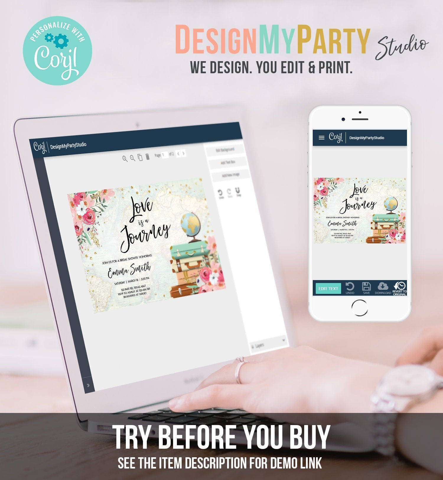 Editable Love is a Journey Bridal Shower Invitation Travel Adventure Gold Confetti Pink Floral Suitcases Download Corjl Template 0030