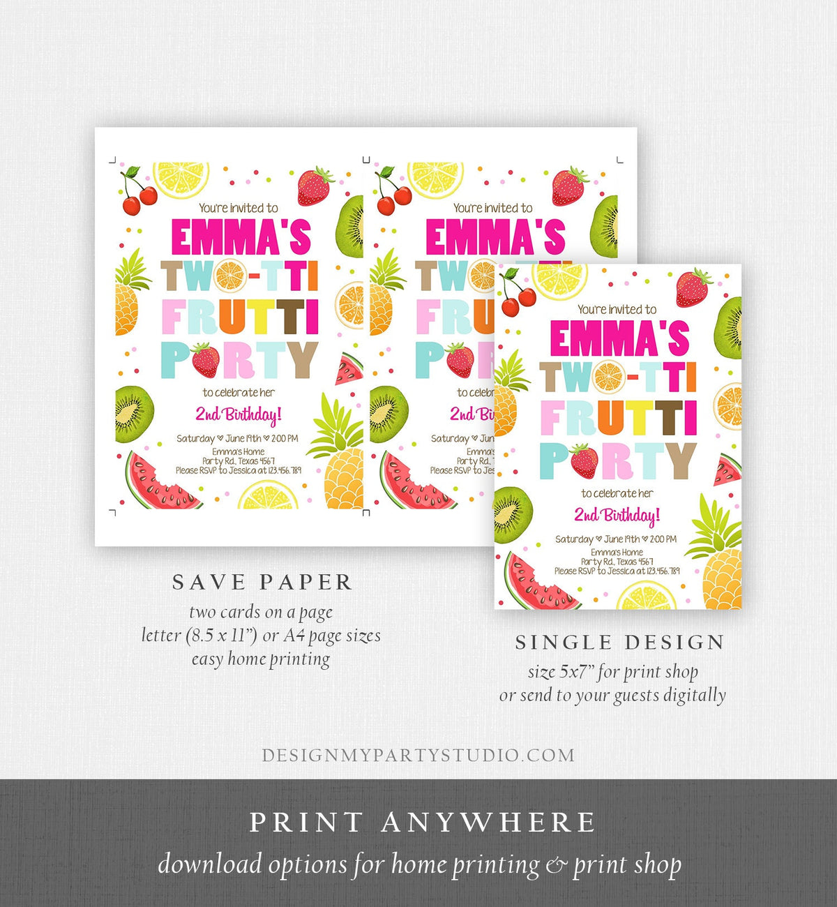 Editable Two-tti Frutti 2nd Birthday Invitation Twotti Frutti Party Fruit Tropical Summer Download Printable Template Digital Corjl 0127