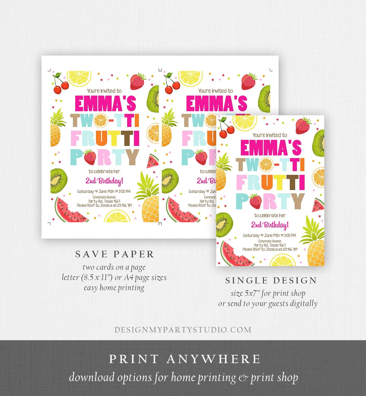 Editable Two-tti Frutti 2nd Birthday Invitation Twotti Frutti Party Fruit Tropical Summer Download Printable Template Digital Corjl 0127