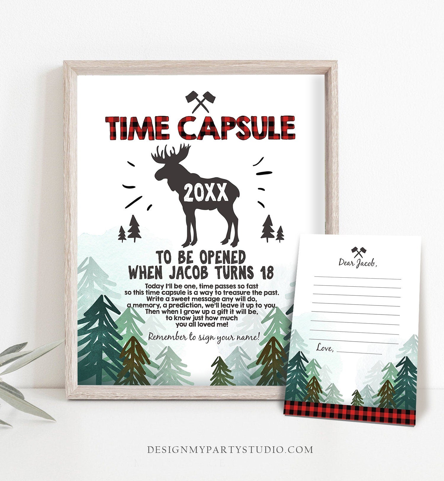 Editable Lumberjack Time Capsule 1st First Birthday Woodland Moose Trees Buffalo Plaid Guestbook Digital Download Template Printable 0377