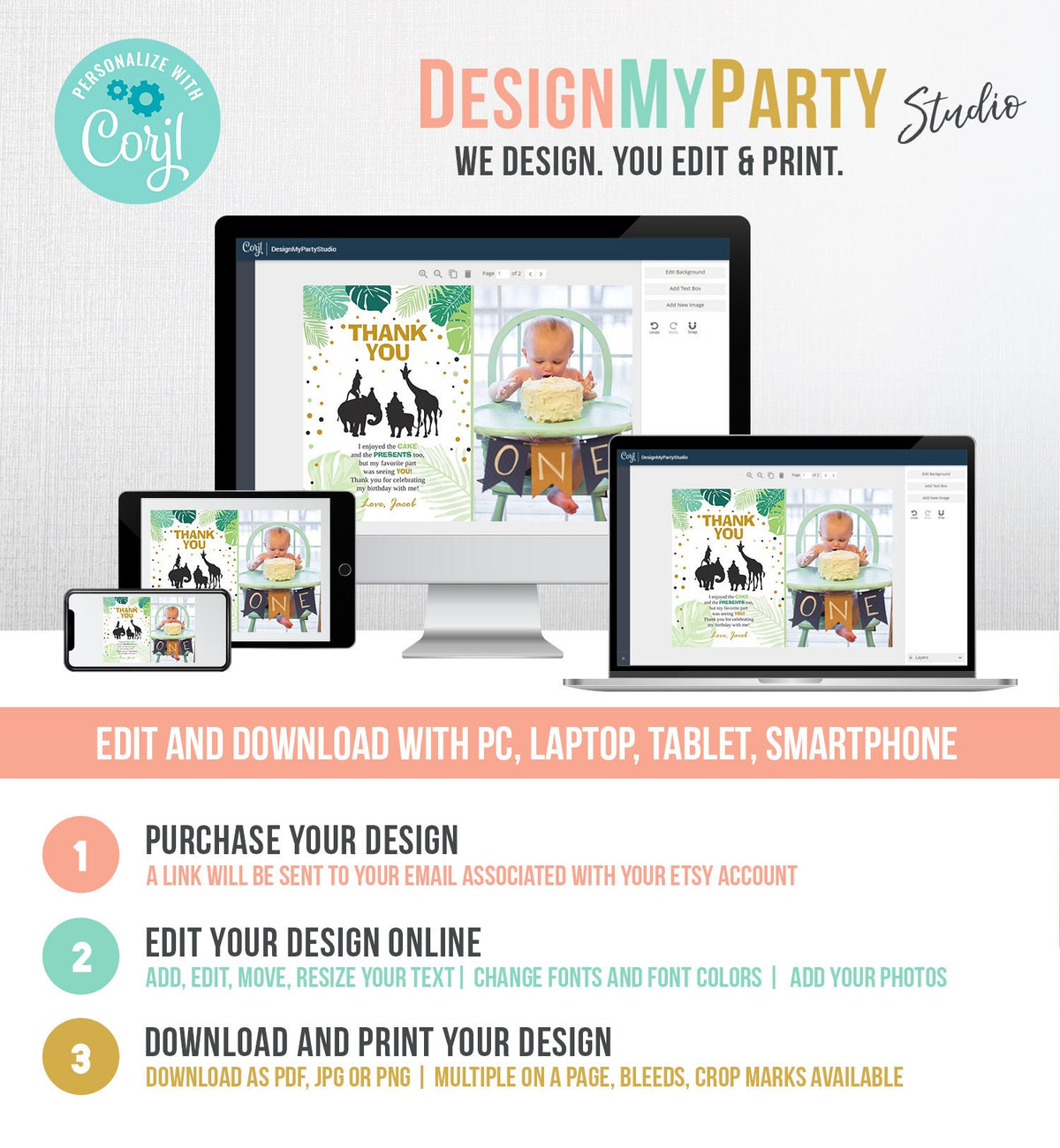 Editable Safari Animals Thank You Card Wild One Thank You Note Black Gold Boy Jungle Zoo Animals Printable Corjl Template Digital 0016