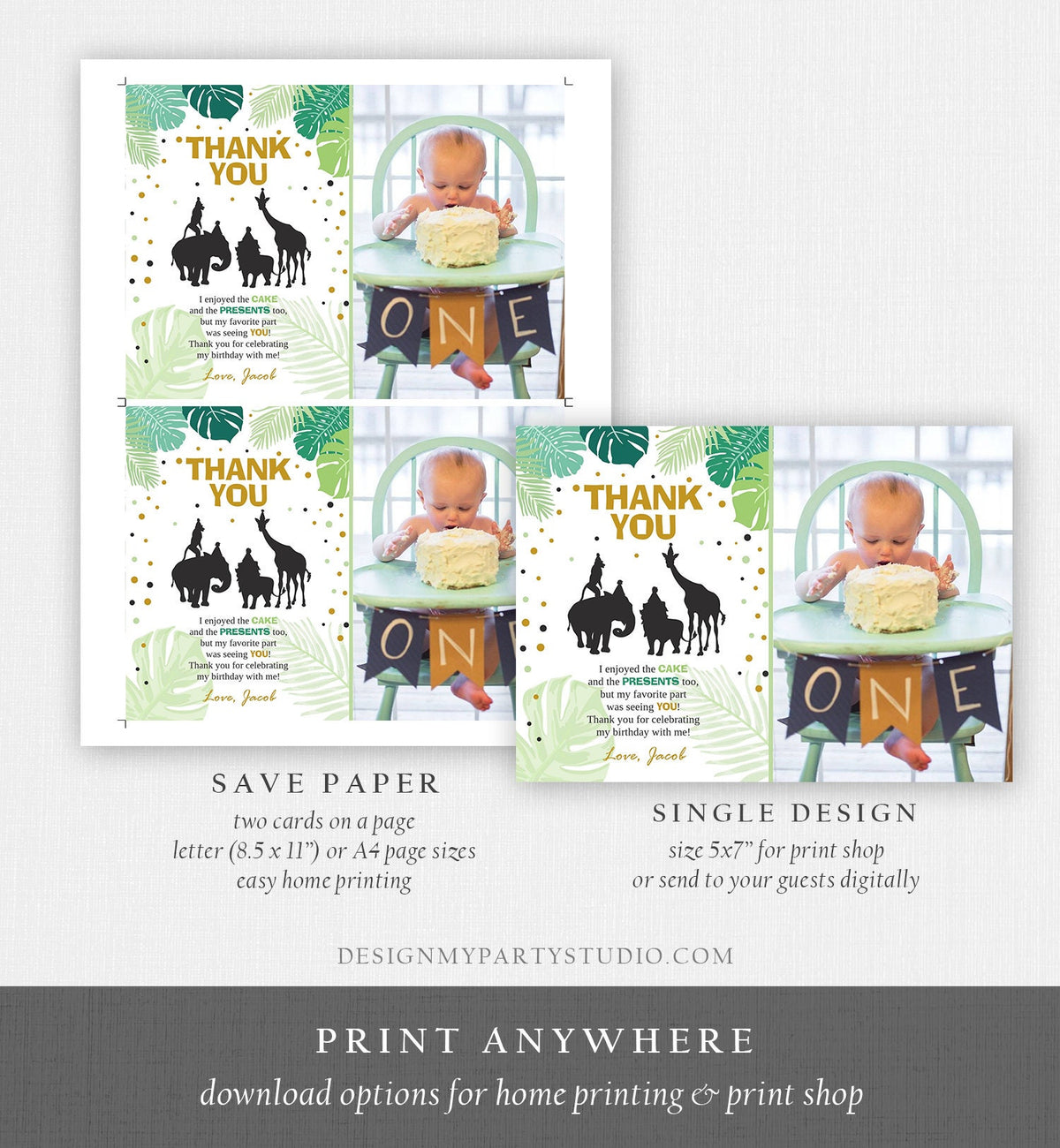 Editable Safari Animals Thank You Card Wild One Thank You Note Black Gold Boy Jungle Zoo Animals Printable Corjl Template Digital 0016