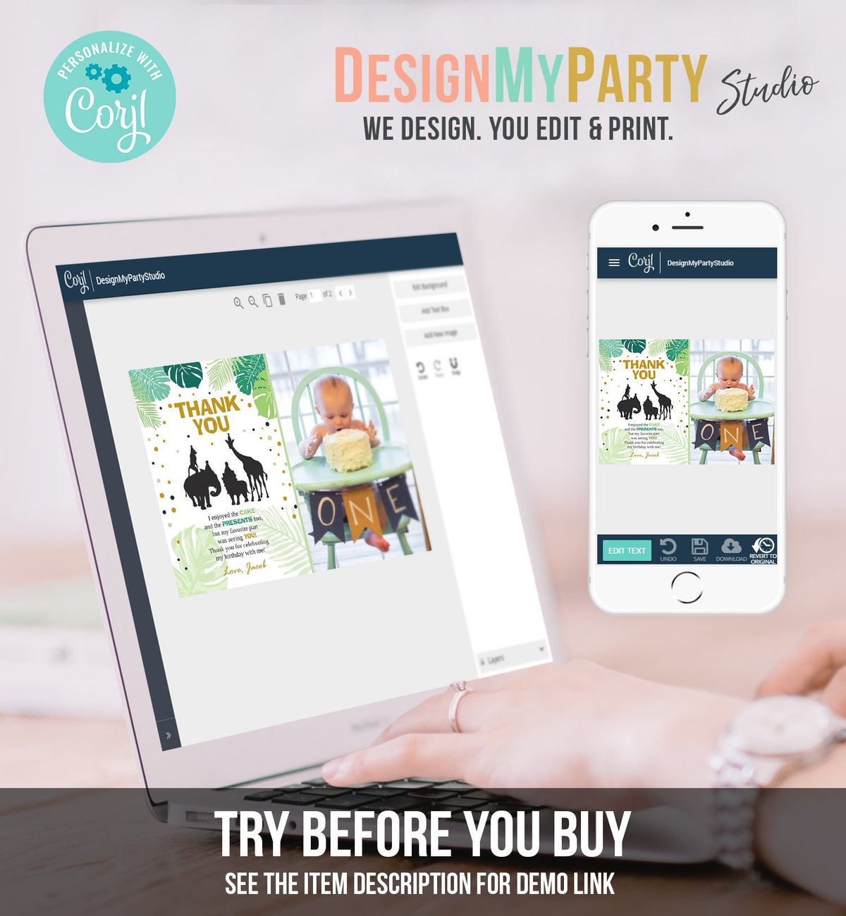 Editable Safari Animals Thank You Card Wild One Thank You Note Black Gold Boy Jungle Zoo Animals Printable Corjl Template Digital 0016