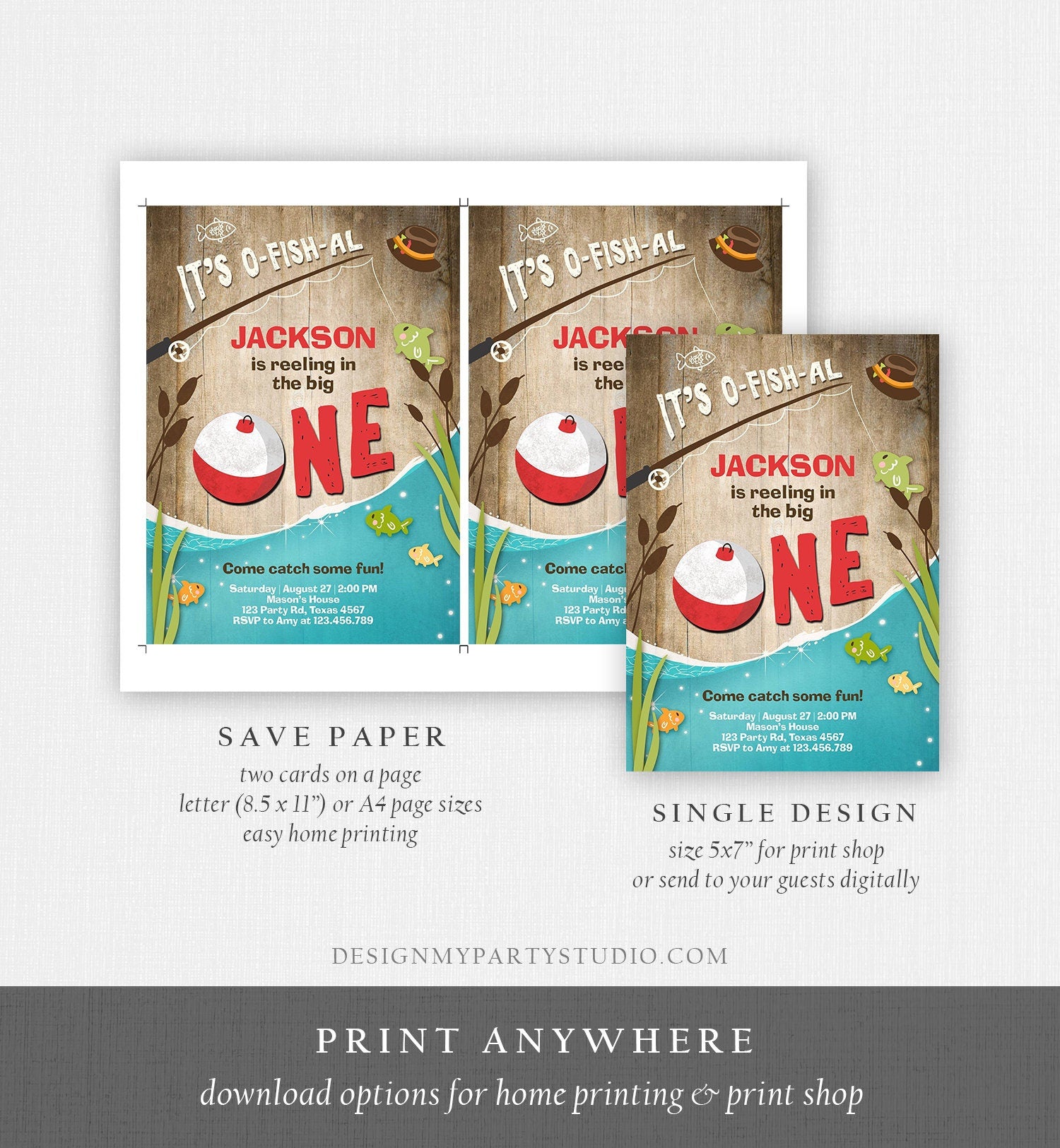 Editable First Birthday Fishing Invitation Fishing Party The Big One O-fish-al Gone Fishing Boy Download Printable Template Corjl 0080