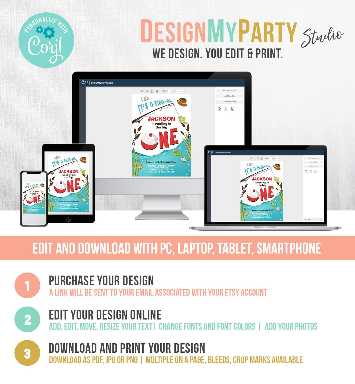 Editable First Birthday Fishing Invitation Fishing Party The Big One O-fish-al Gone Fishing Boy Download Printable Template Corjl 0080