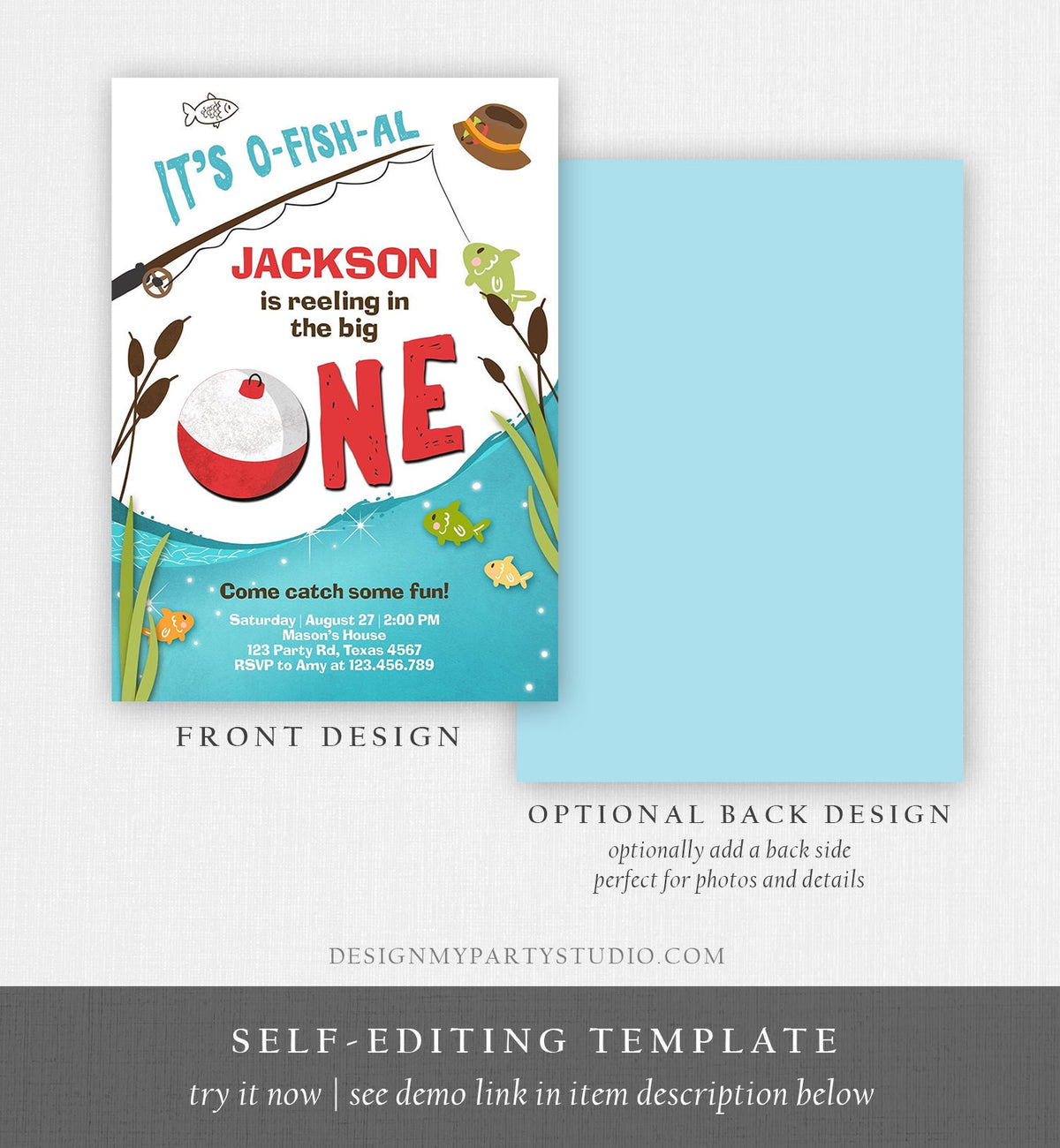 Editable First Birthday Fishing Invitation Fishing Party The Big One O-fish-al Gone Fishing Boy Download Printable Template Corjl 0080