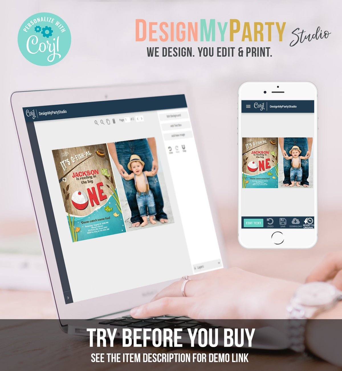 Editable First Birthday Fishing Invitation Fishing Party The Big One O-fish-al Gone Fishing Wood Boy Download Printable Template Corjl 0080