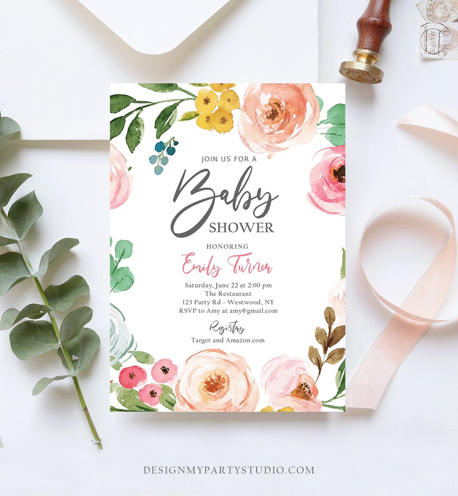 Editable Floral Baby Shower Invitation Floral Pink Bohemian Baby Sprinkle Shower for Girl Spring Summer Boho Printable Corjl Template 0166