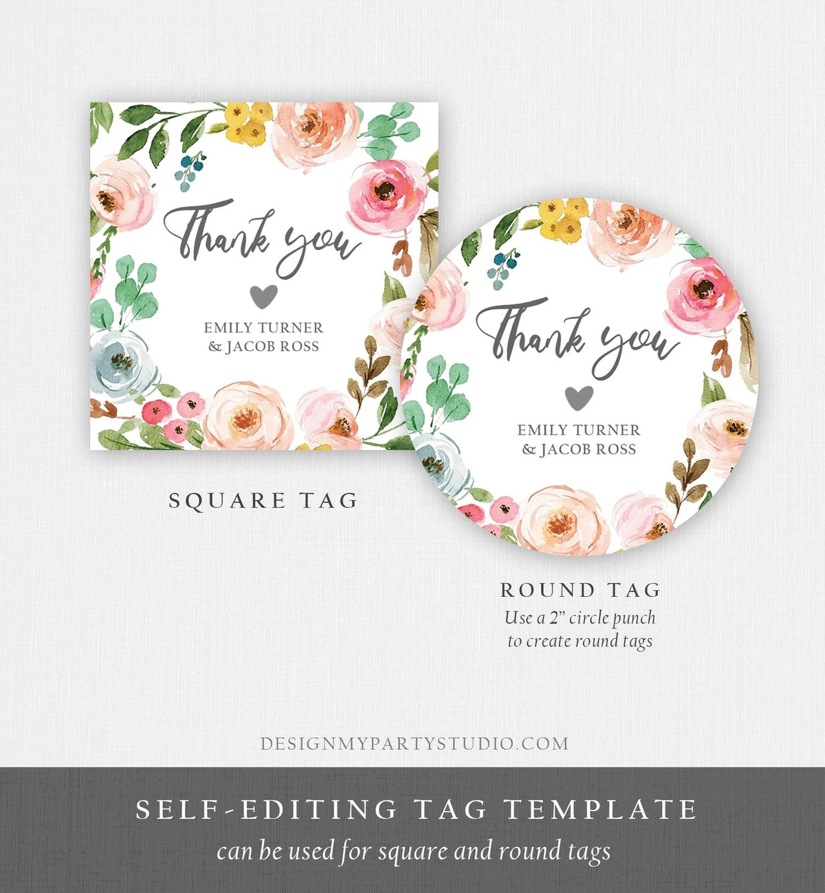 Editable Floral Favor Tag Round Square Bohemian Floral Pink Flowers Wedding Thank You Tag Bridal Shower Corjl Template Printable 0166