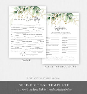 Editable Love Story Bridal Shower Game Greenery Funny Wedding Shower Activity Gold Leaves Botanical Boho Corjl Template Printable 0168