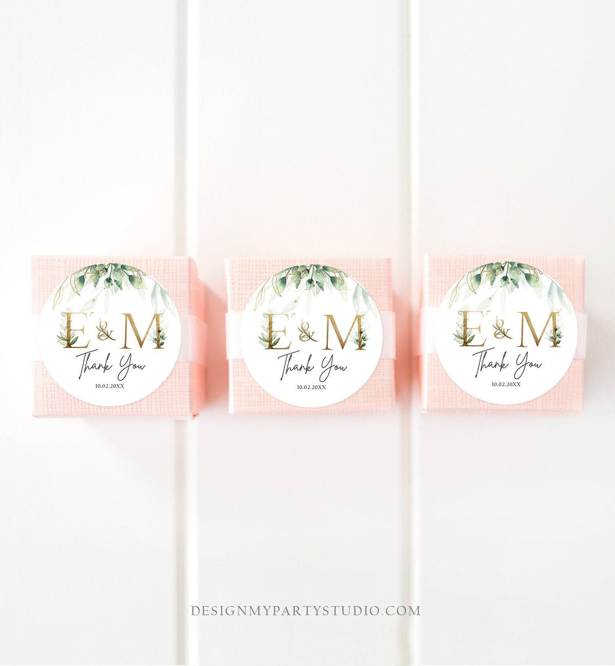 Editable Gold Greenery Favor Tag Monogram Round Square Thank You Tag Sticker Gold Leaves Botanical Bohemian Corjl Template Printable 0168