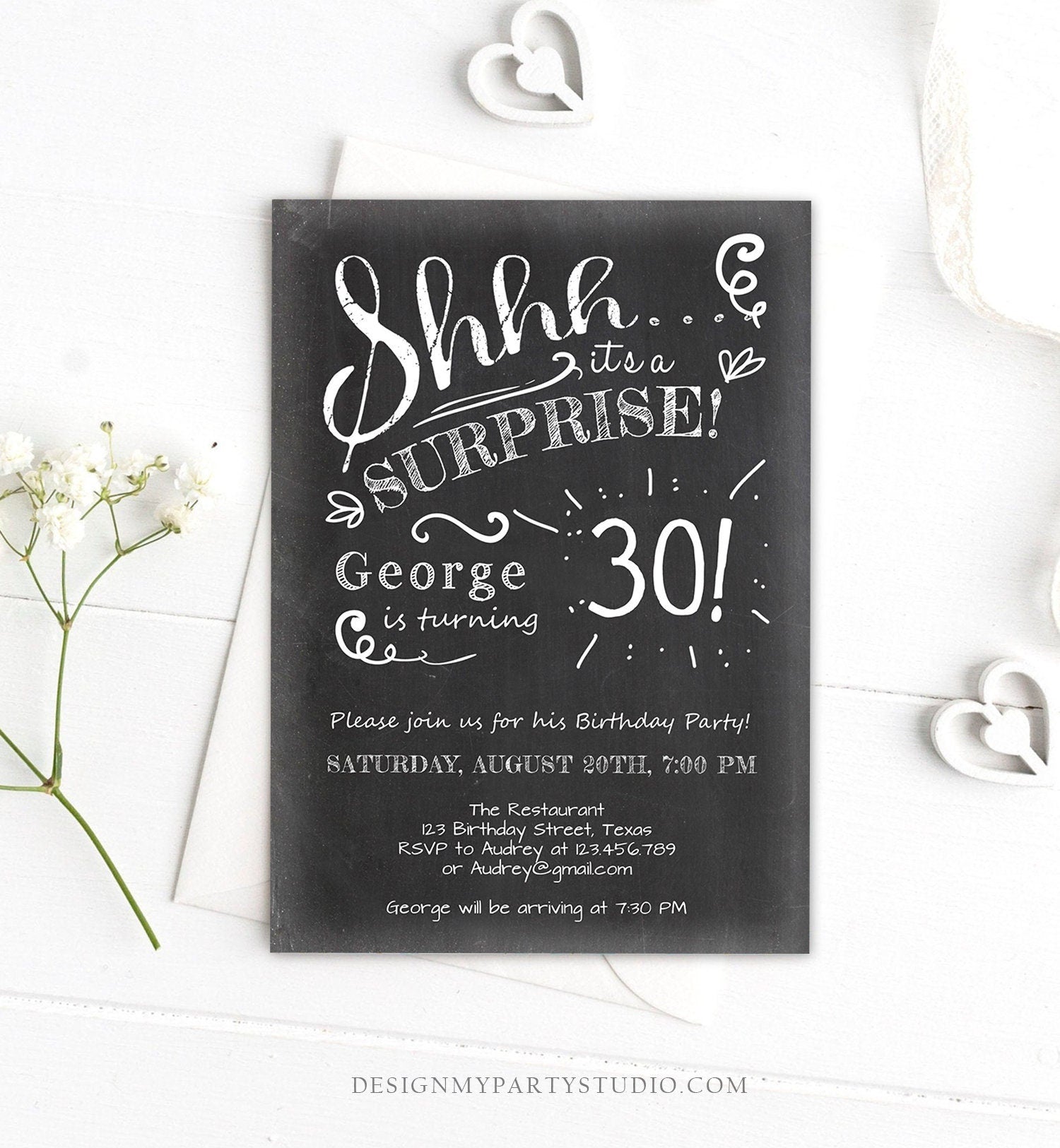 Editable ANY AGE Surprise Birthday Invitation Chalk Rustic Adult 30th Thirty Vintage Party Photo Shhh Download Printable Corjl Template 0102