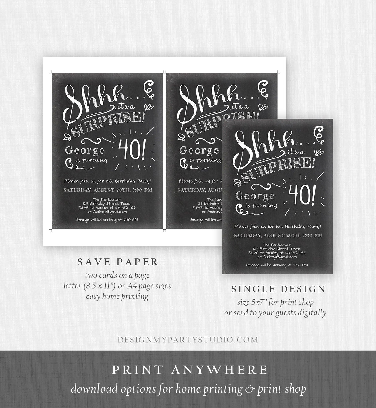 Editable 40th Surprise Birthday Invitation ANY AGE Rustic Adult Forty Vintage Party Shhh Digital Download Evite Template Printable 0102