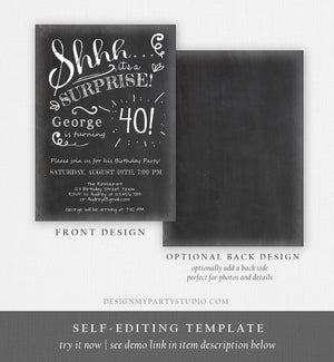 Editable ANY AGE Surprise Birthday Invitation Chalk Rustic Adult 40th Forty Vintage Party Photo Shhh Download Printable Corjl Template 0102