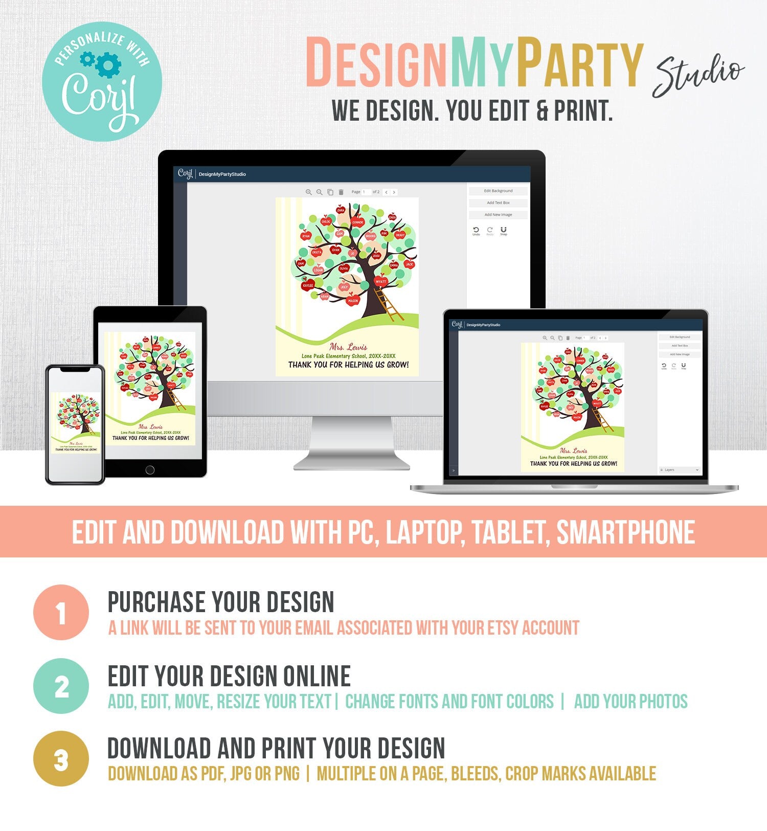 Editable Teacher Tree Print Student Names End of Year Gift Teacher Apples Appreciation Printable Instant Download Template Corjl 0464