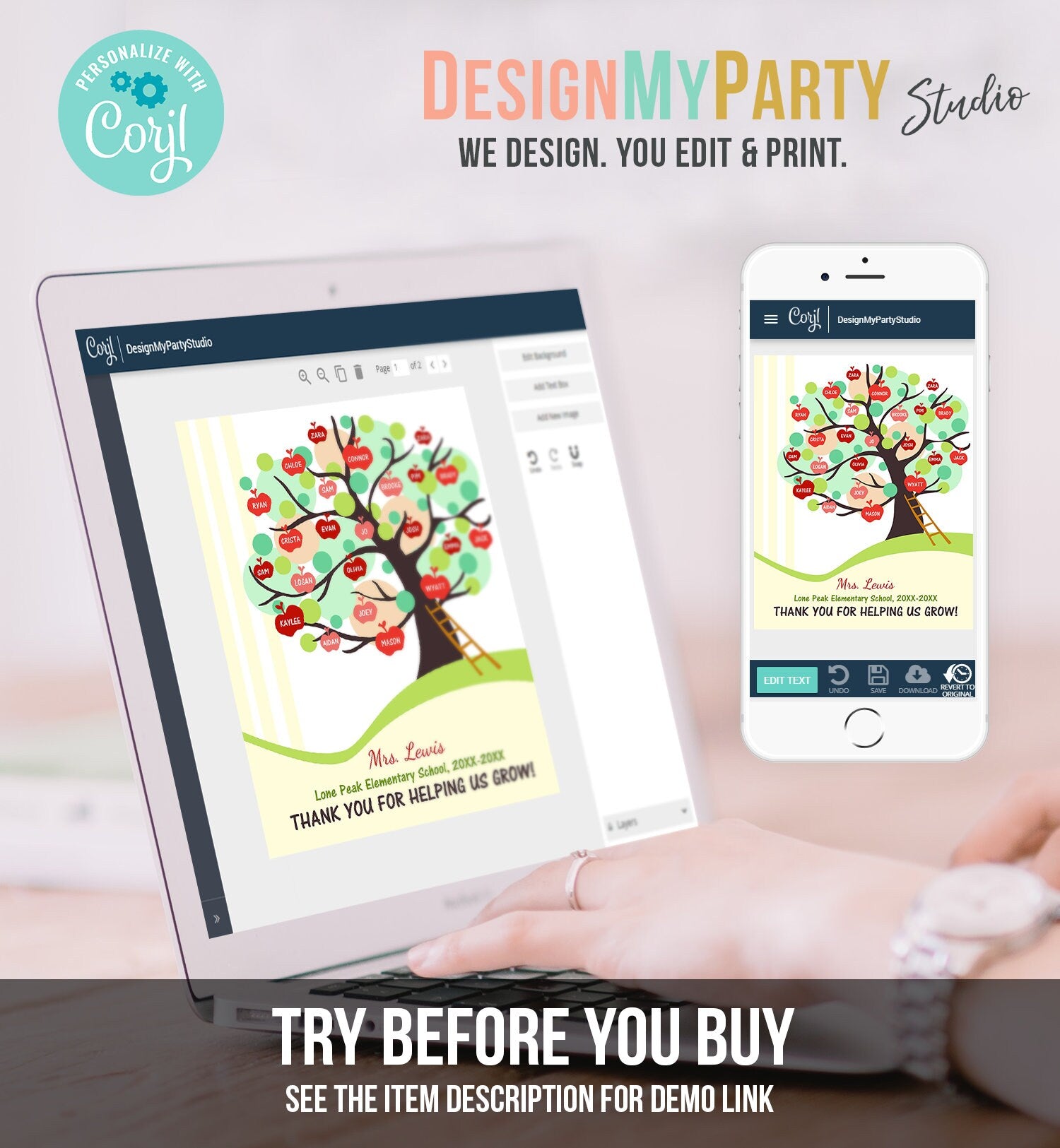 Editable Teacher Tree Print Student Names End of Year Gift Teacher Apples Appreciation Printable Instant Download Template Corjl 0464