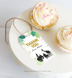 Editable Safari Animals Favor Tag Thank You Tags Wild One Wild Animals Jungle Zoo Download Black Gold Leaves Corjl Template Printable 0068