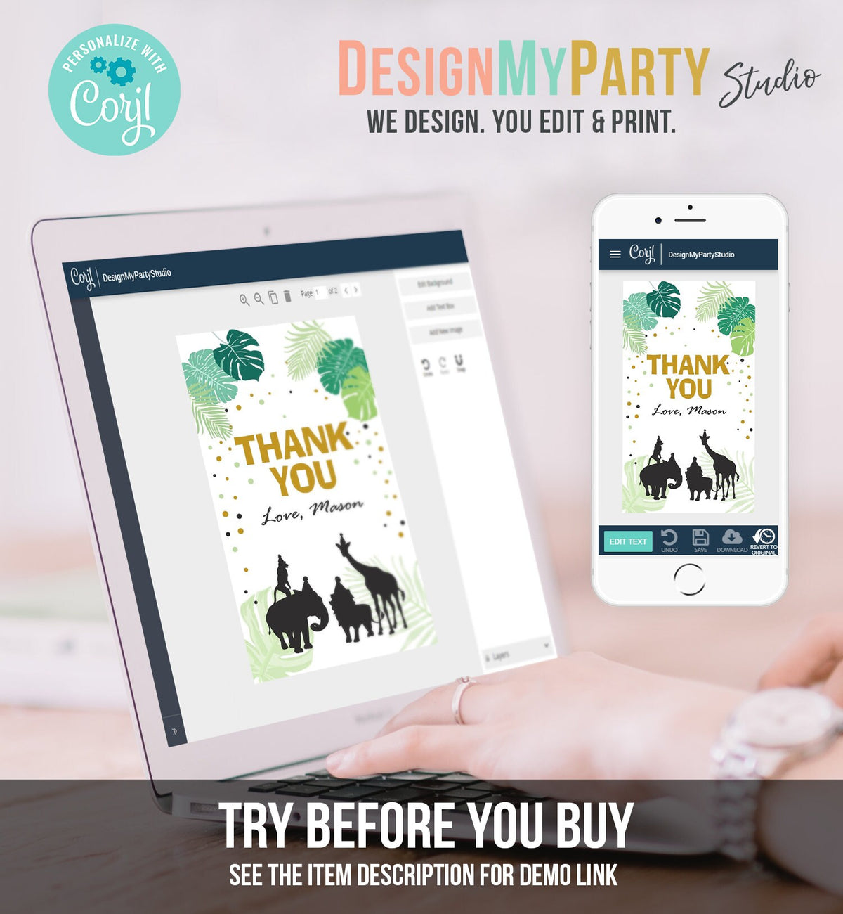 Editable Safari Animals Favor Tag Thank You Tags Wild One Wild Animals Jungle Zoo Download Black Gold Leaves Corjl Template Printable 0068