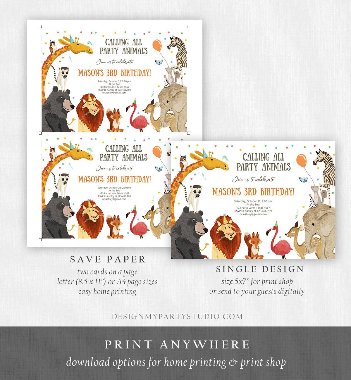 Editable Party Animals Birthday Invitation Calling All Safari Animals Wild Zoo Boy Digital Download Evite Template Printable 0196