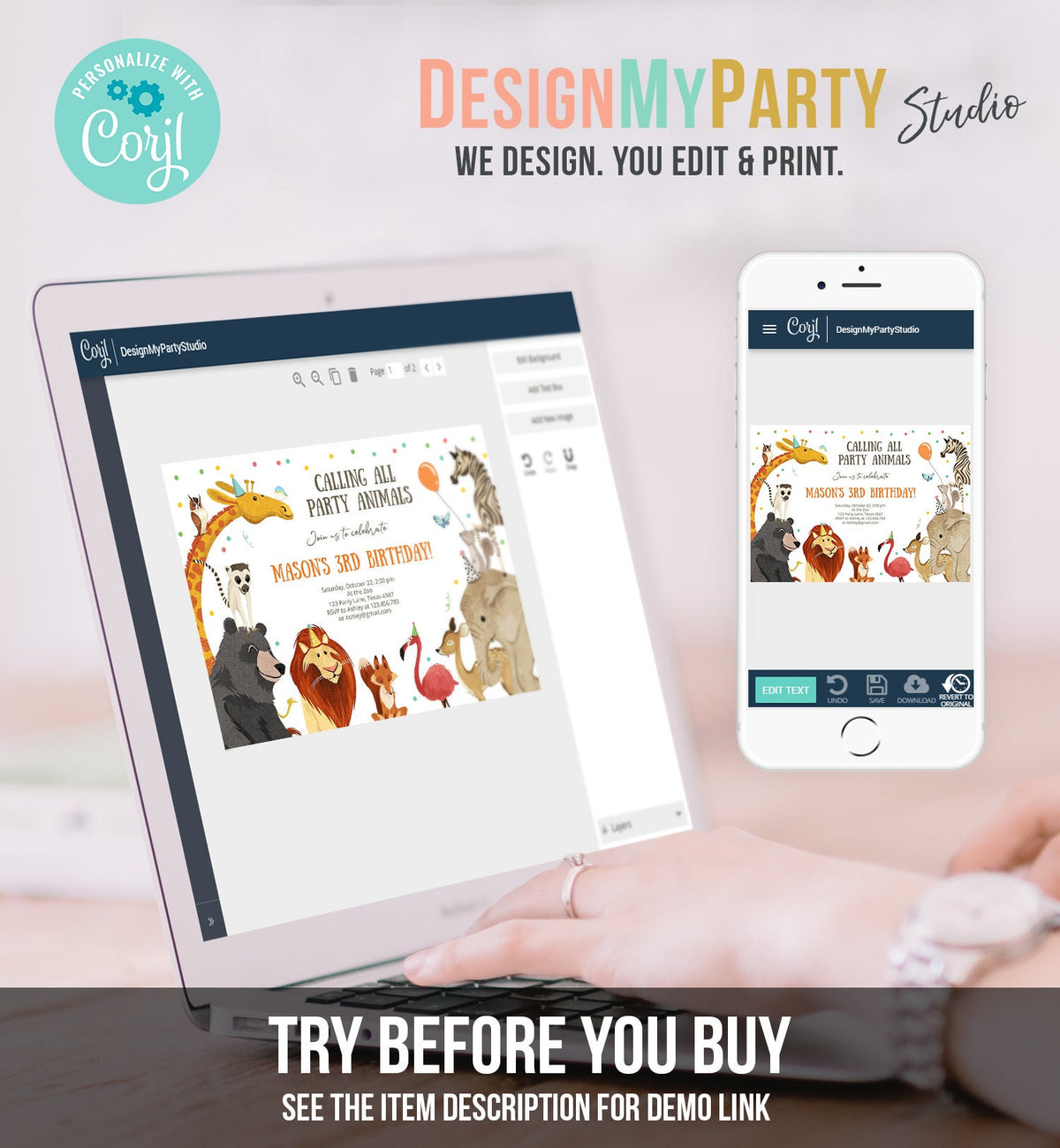 Editable Party Animals Birthday Invitation Calling All Safari Animals Wild Zoo Boy Digital Download Evite Template Printable 0196