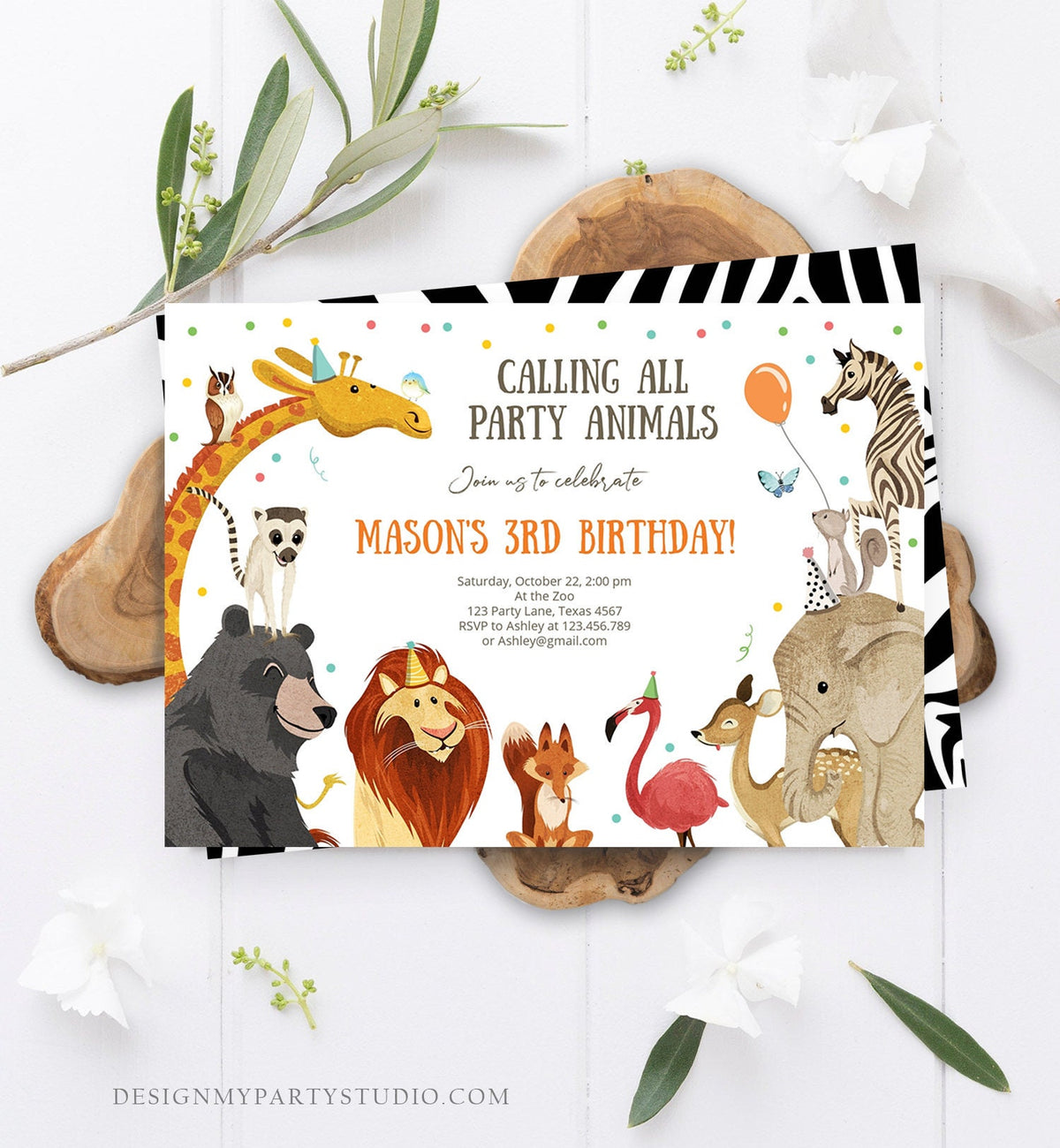 Editable Party Animals Birthday Invitation Calling All Safari Animals Wild Zoo Boy Digital Download Evite Template Printable 0196