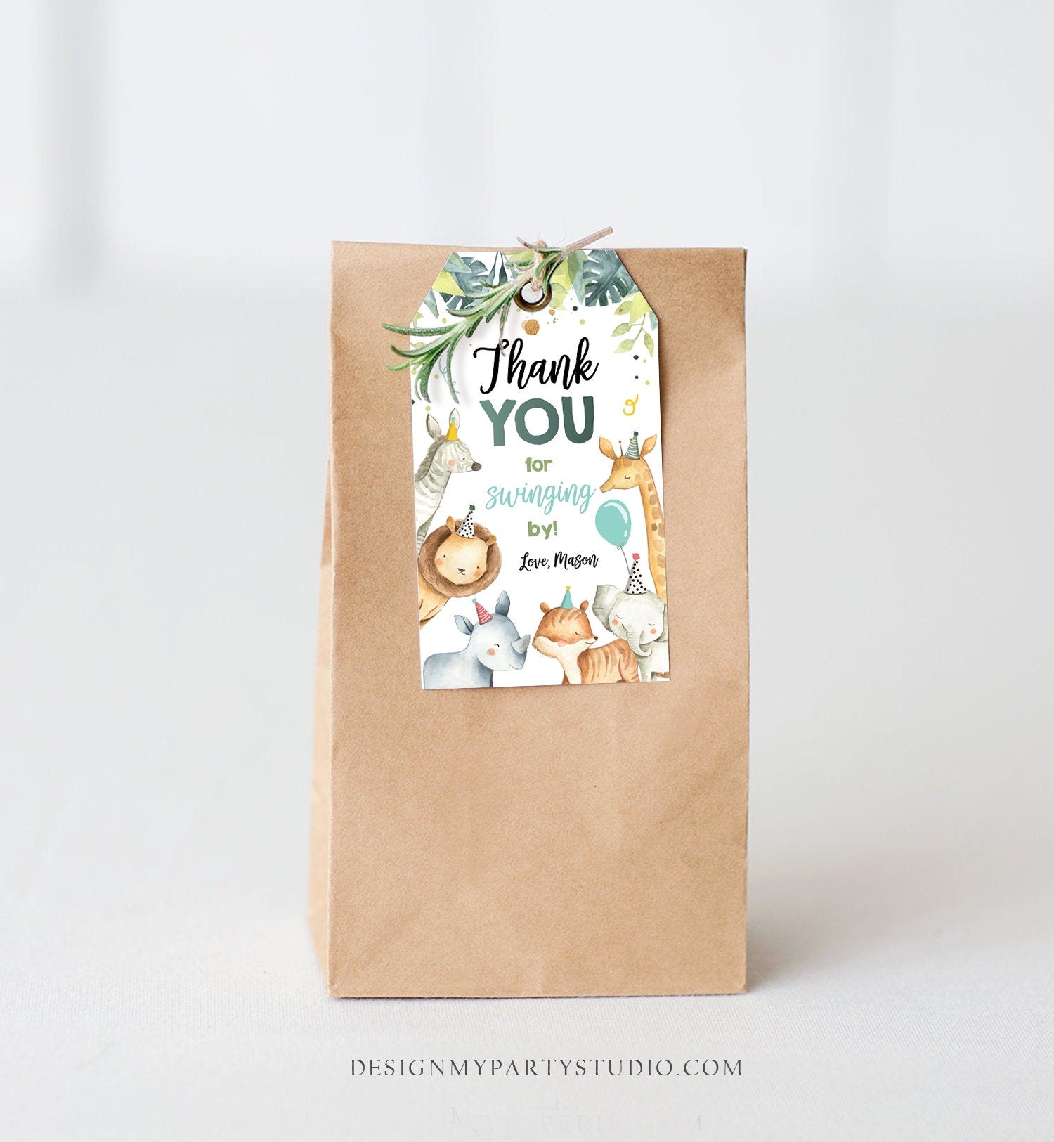 Editable Safari Animals Favor Tag Wild One Party Animals Birthday Thank You Tag Watercolor Boy Digital Download Template Printable 0163