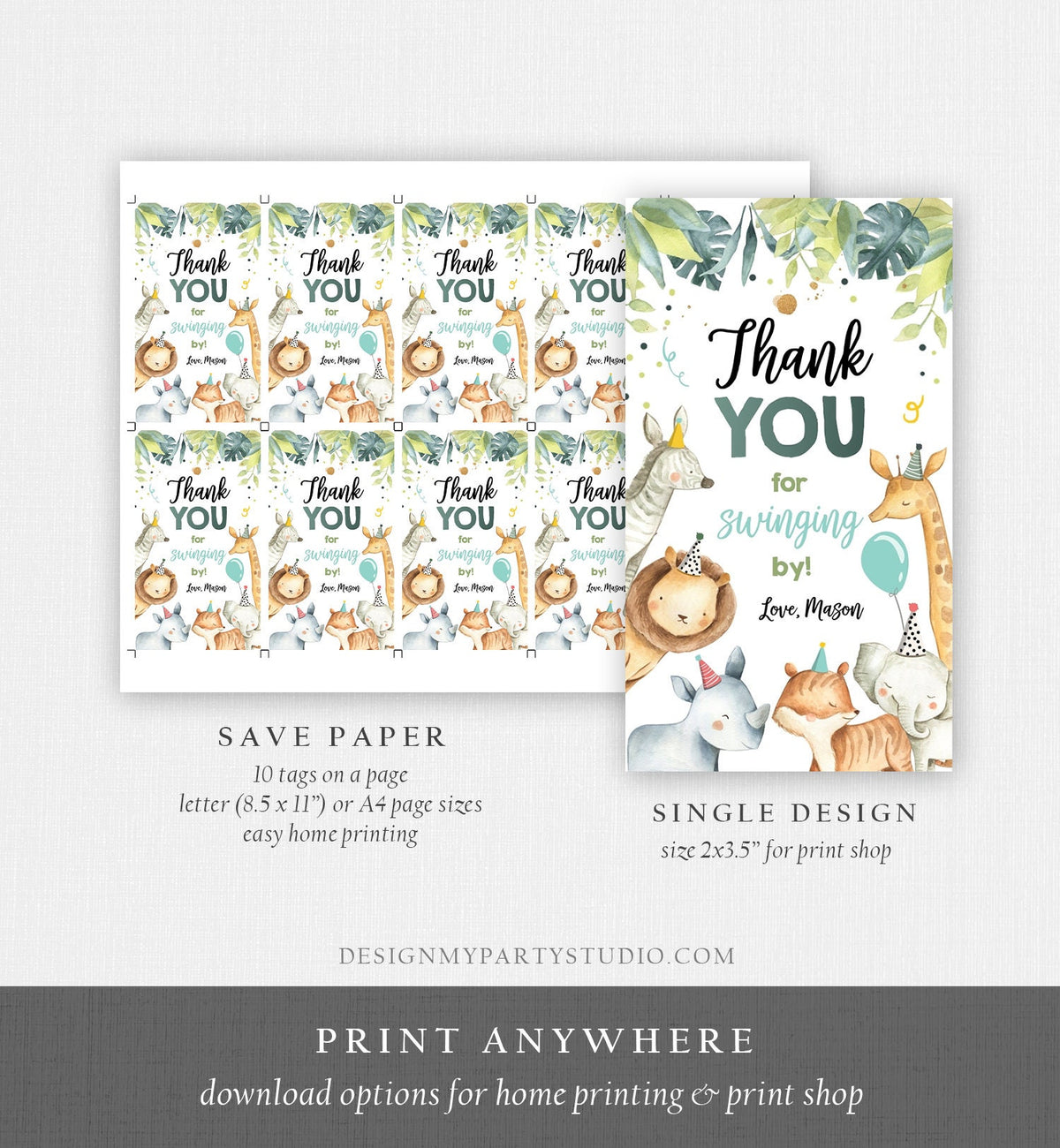 Editable Safari Animals Favor Tag Wild One Party Animals Birthday Thank You Tag Watercolor Boy Digital Download Template Printable 0163
