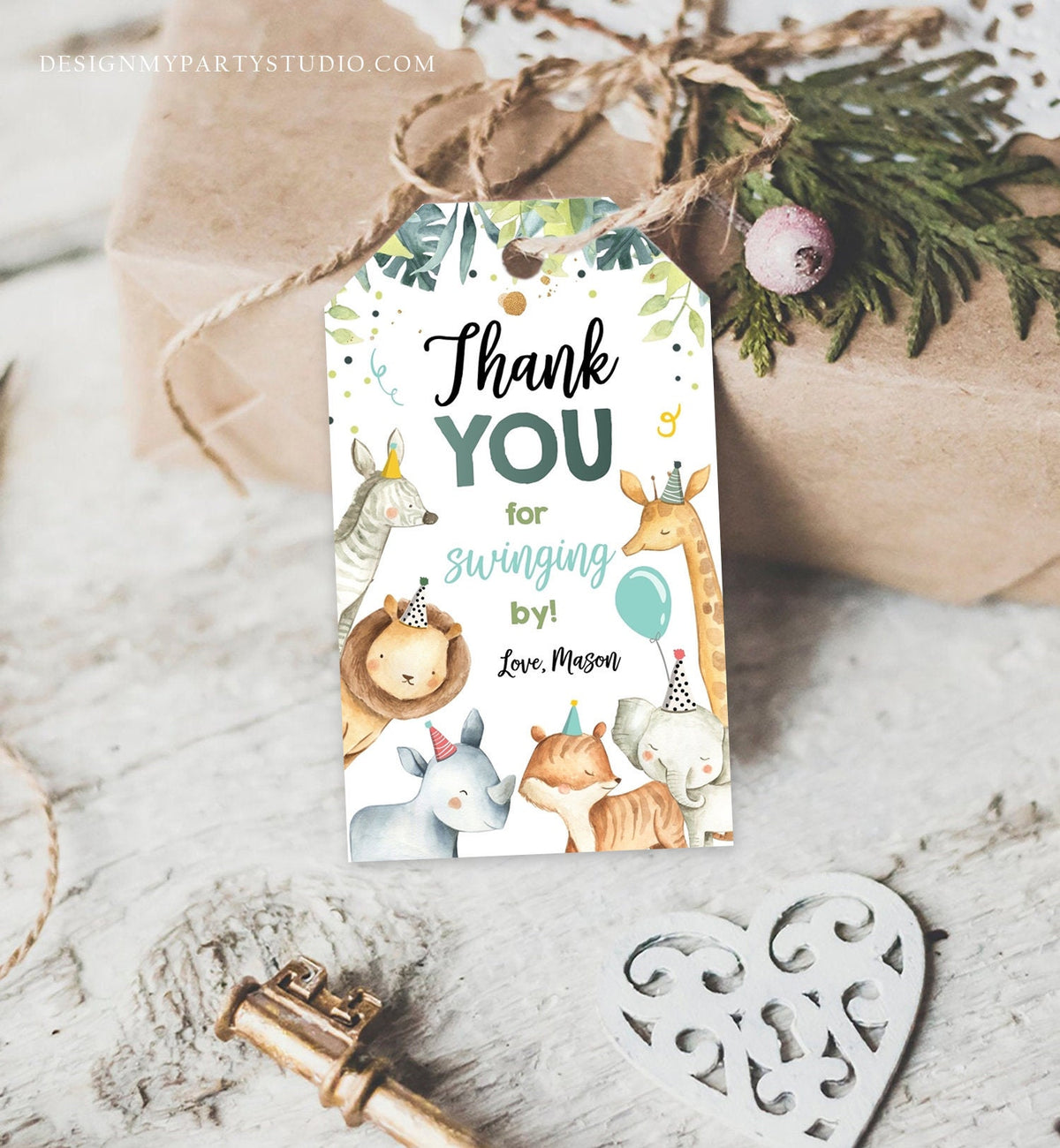 Editable Safari Animals Favor Tag Wild One Party Animals Birthday Thank You Tag Watercolor Boy Digital Download Template Printable 0163