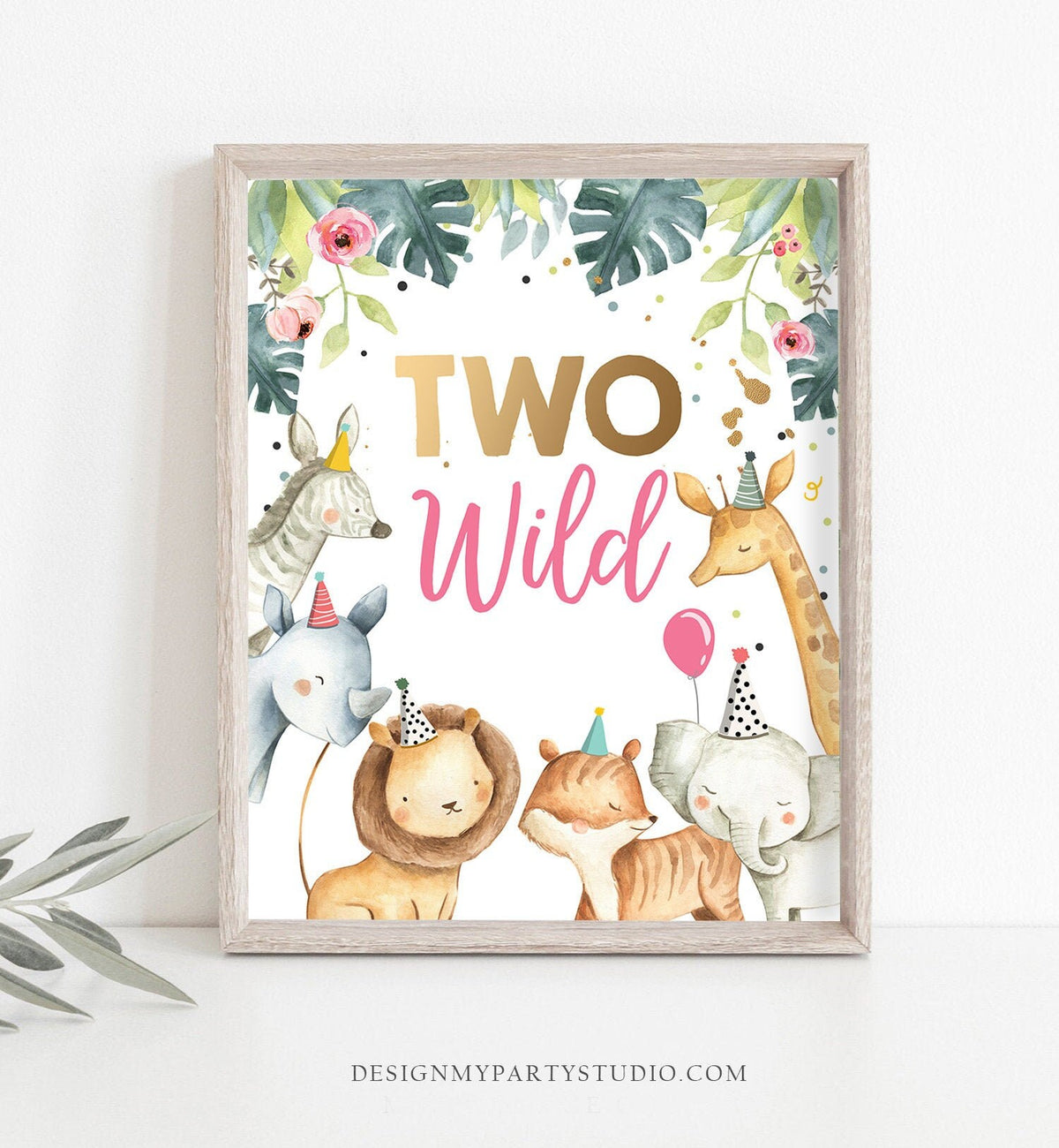 Two Wild Birthday Sign Table Decor Safari 2nd Birthday Party Animals Black and Gold Girl Pink Table Sign Party Digital Printable 0163
