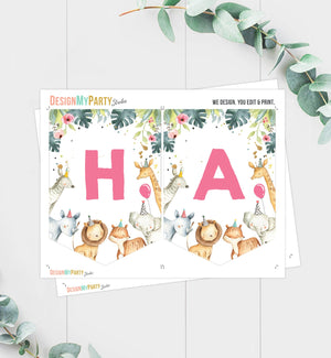 Happy Birthday Banner Safari Animals Pink Gold Party Animals Wild One Birthday Girl Zoo Decorations Instant download PRINTABLE DIGITAL 0163