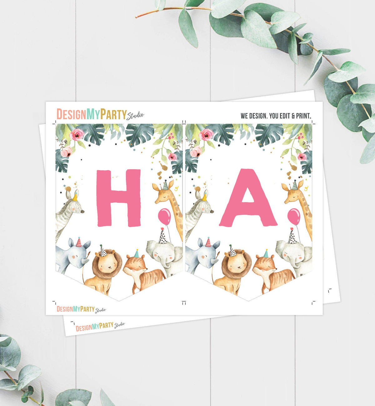 Happy Birthday Banner Safari Animals Pink Gold Party Animals Wild One Birthday Girl Zoo Decorations Instant download PRINTABLE DIGITAL 0163
