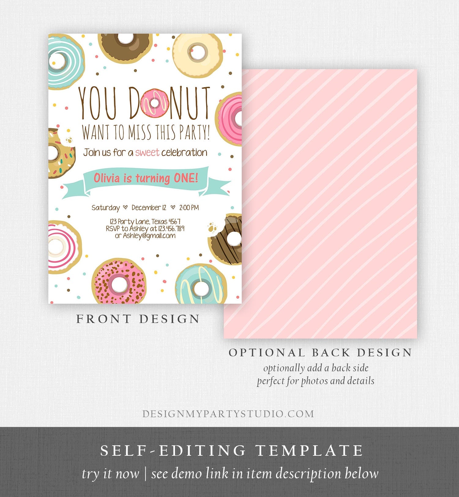 Editable Donut Birthday Invitation You Donut Want To Miss This Girl Pink Sweet Doughnut First Birthday 1st Donut Grow Up Corjl Template 0050