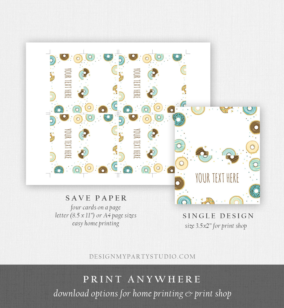 Editable Donut Food Label Blue Boy Donut Place Card Donut Tent Card Escort Card Doughnut Birthday Baby Shower Bridal Template Printable 0050