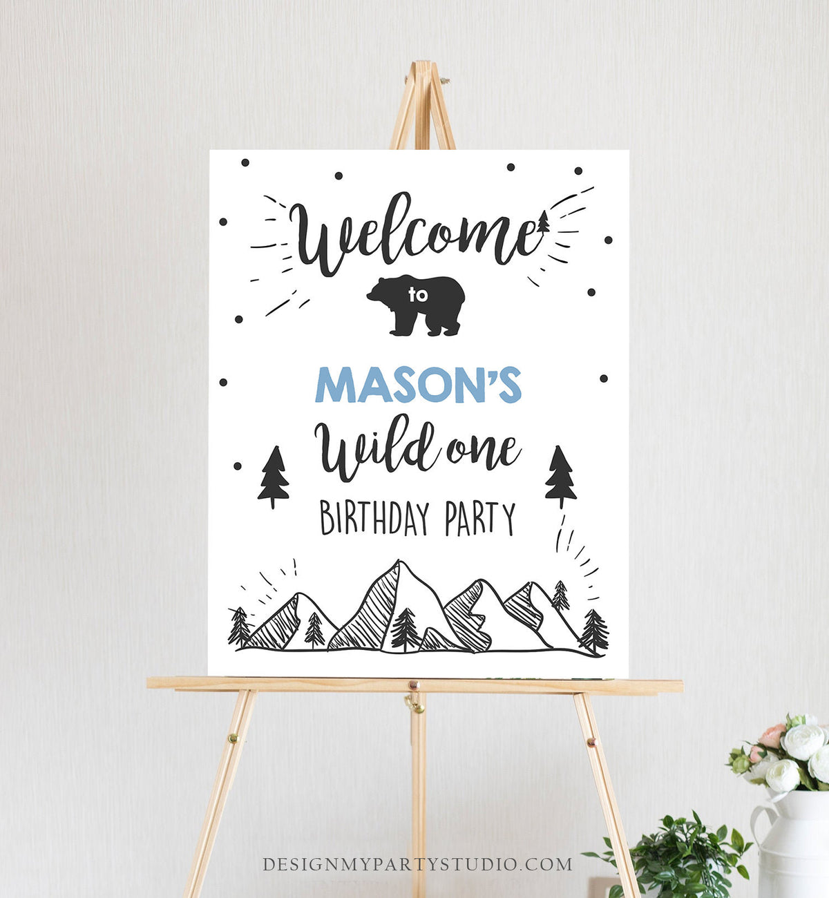 Editable Wild One Welcome Sign Adventure Birthday 1st Birthday Boy Blue Mountains Bear Woodland Shower TTemplate PRINTABLE Corjl 0083