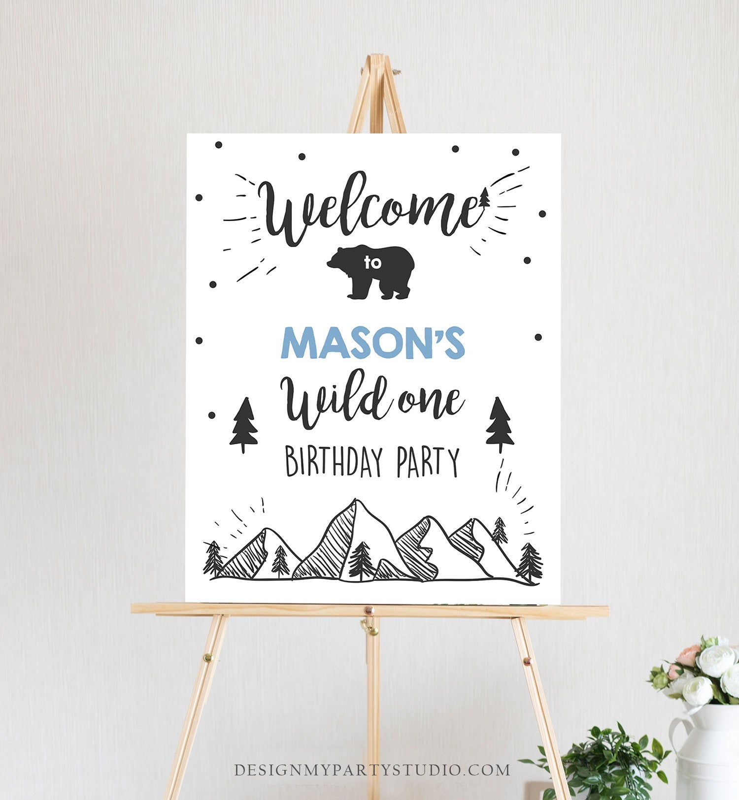 Editable Wild One Welcome Sign Adventure Birthday 1st Birthday Boy Blue Mountains Bear Woodland Shower TTemplate PRINTABLE Corjl 0083